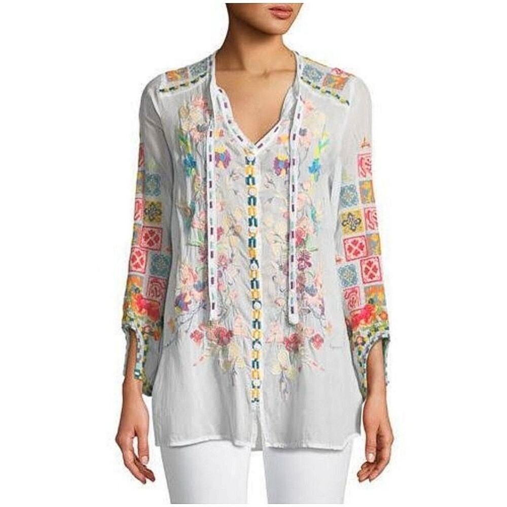 Johnny Was Colorful Nikolita Embroidered Blouse Boho Needlepoint XS